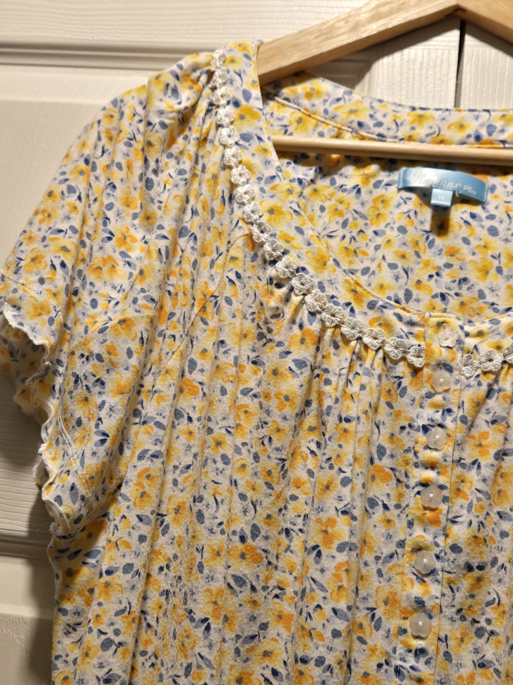 Penmans Yellow Blue Flower Floral Knee Length Nightie Nightweat Pj 1X Frills